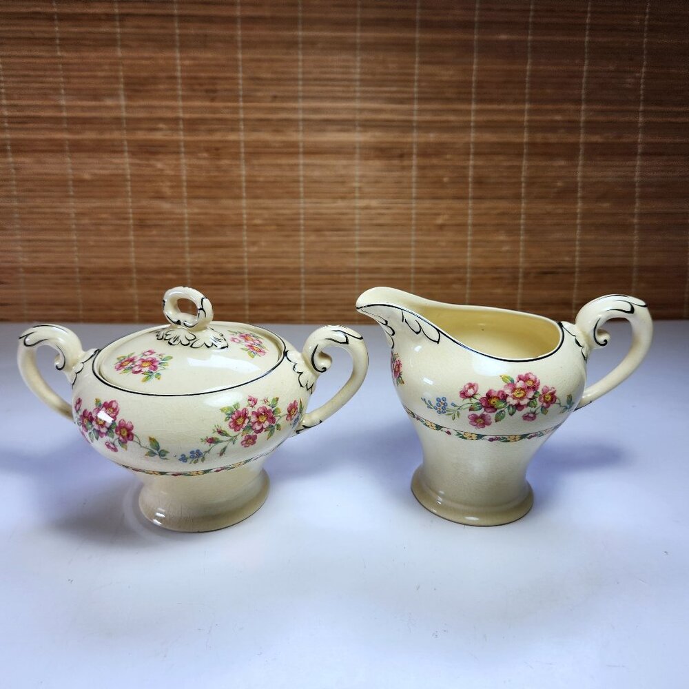 Vintage Myott Cream & Sugar Set • Floral Staffordshire England